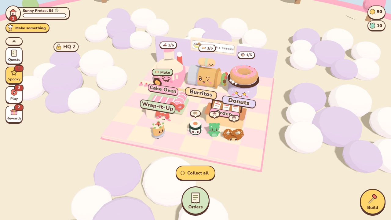 A cute 3D snack cafe town in Scribble Snacks, with smiling buildings and customers